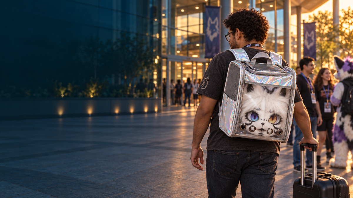 A fursuiter walking through a hotel lobby wearing the RoamSona carrier