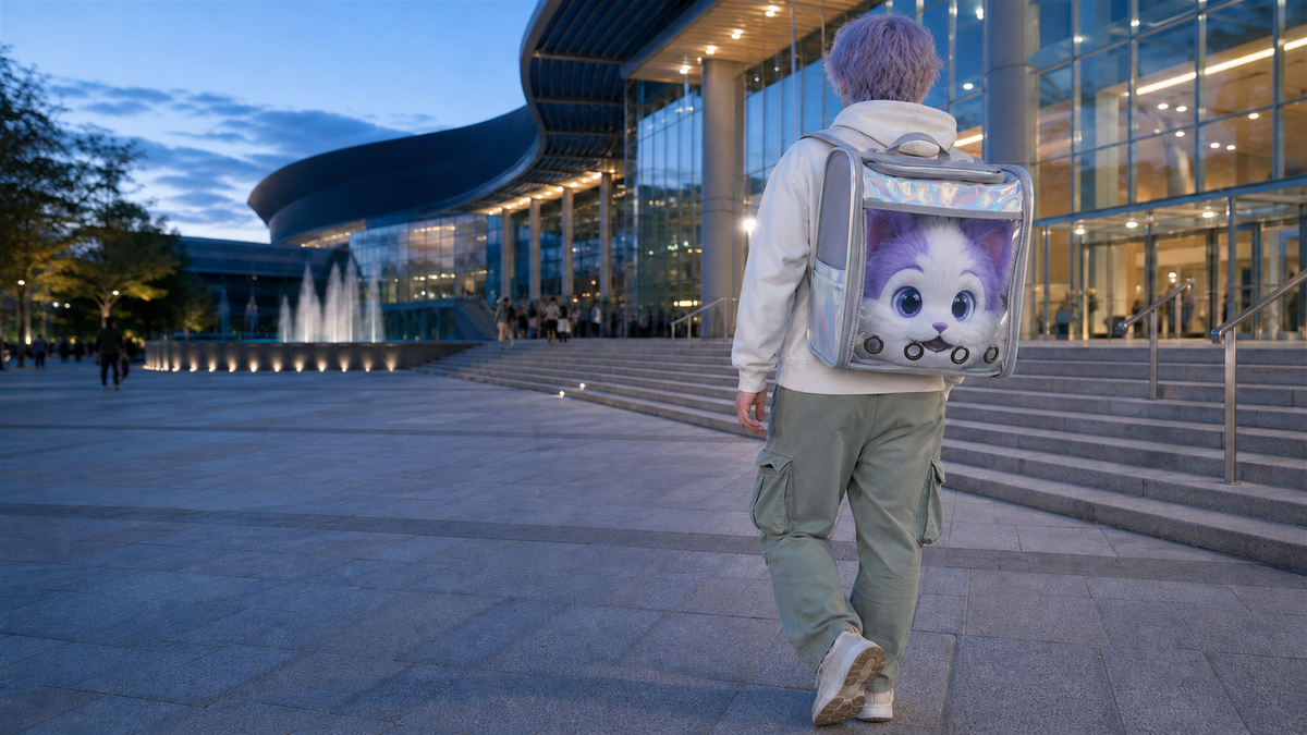 A fursuiter walking through a hotel lobby wearing the RoamSona carrier
