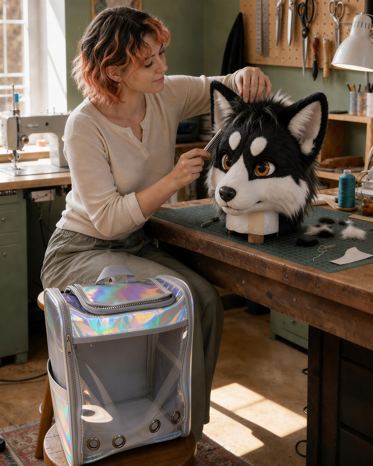 A fursuiter packing the RoamSona carrier before a convention